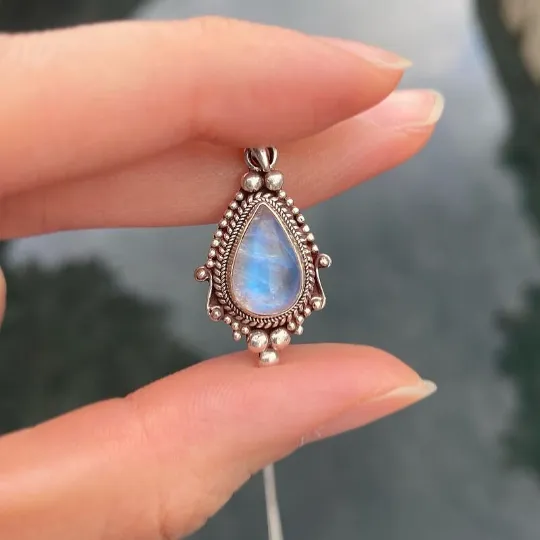 Natural Bezel Set Teardrop Rainbow Moonstone Boho Style Pendants - 925 Solid Sterling Silver Pendant