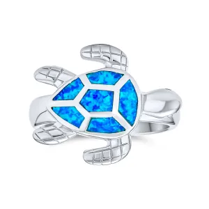 Nautical Silver Ring with Iridescent Blue Opal Turtle Design Sterling