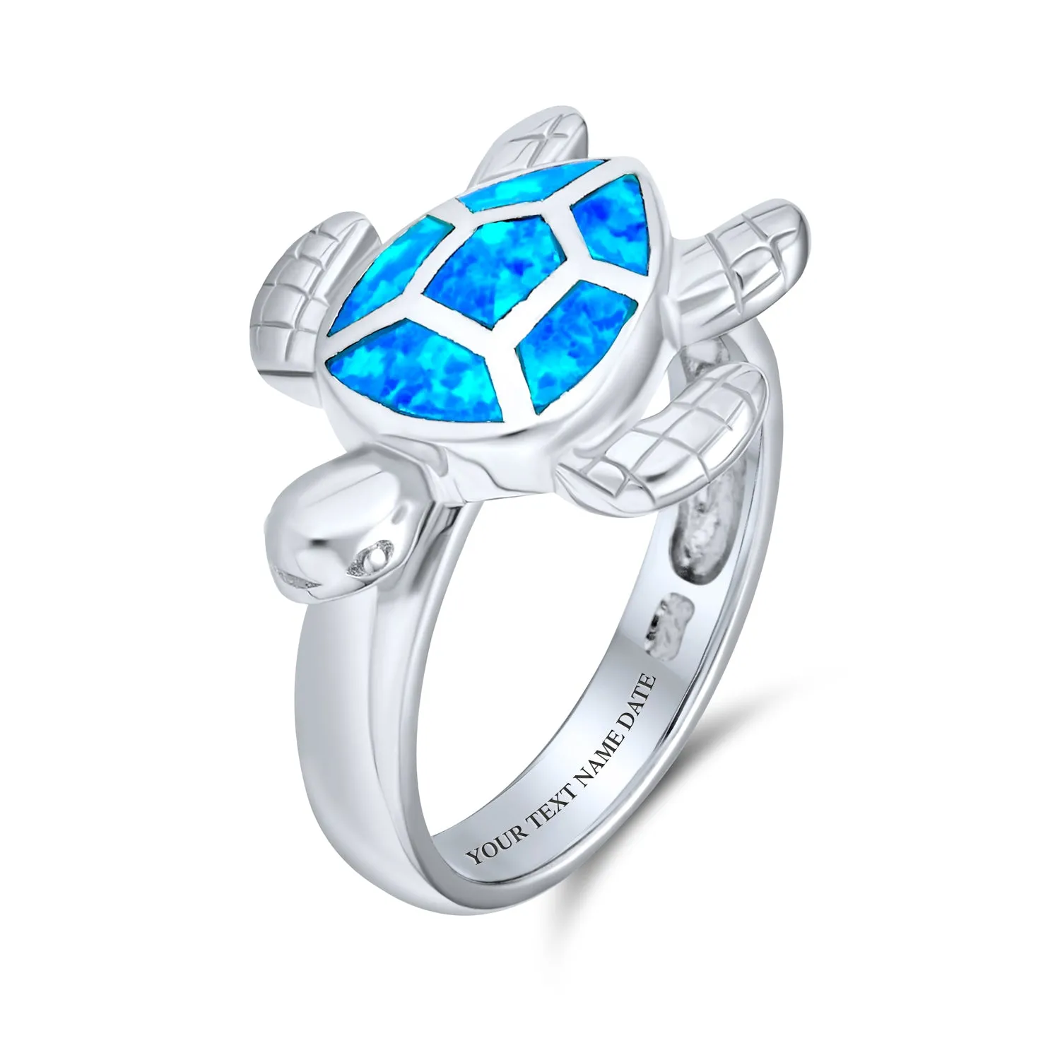 Nautical Silver Ring with Iridescent Blue Opal Turtle Design Sterling