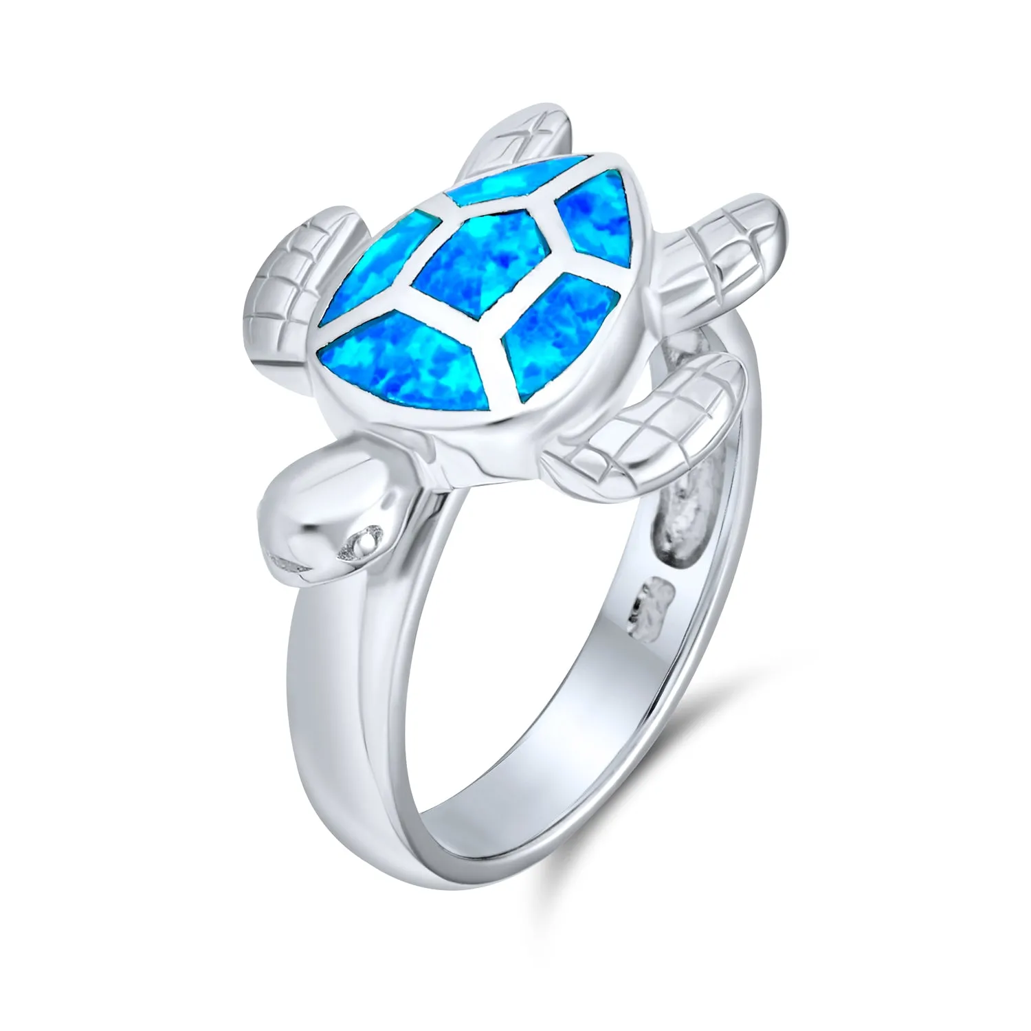 Nautical Silver Ring with Iridescent Blue Opal Turtle Design Sterling