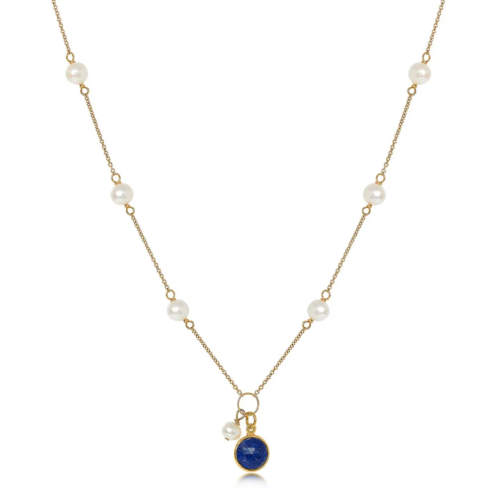 Nova fine chain necklace with cultured freshwater pearls & lapis lazuli drop