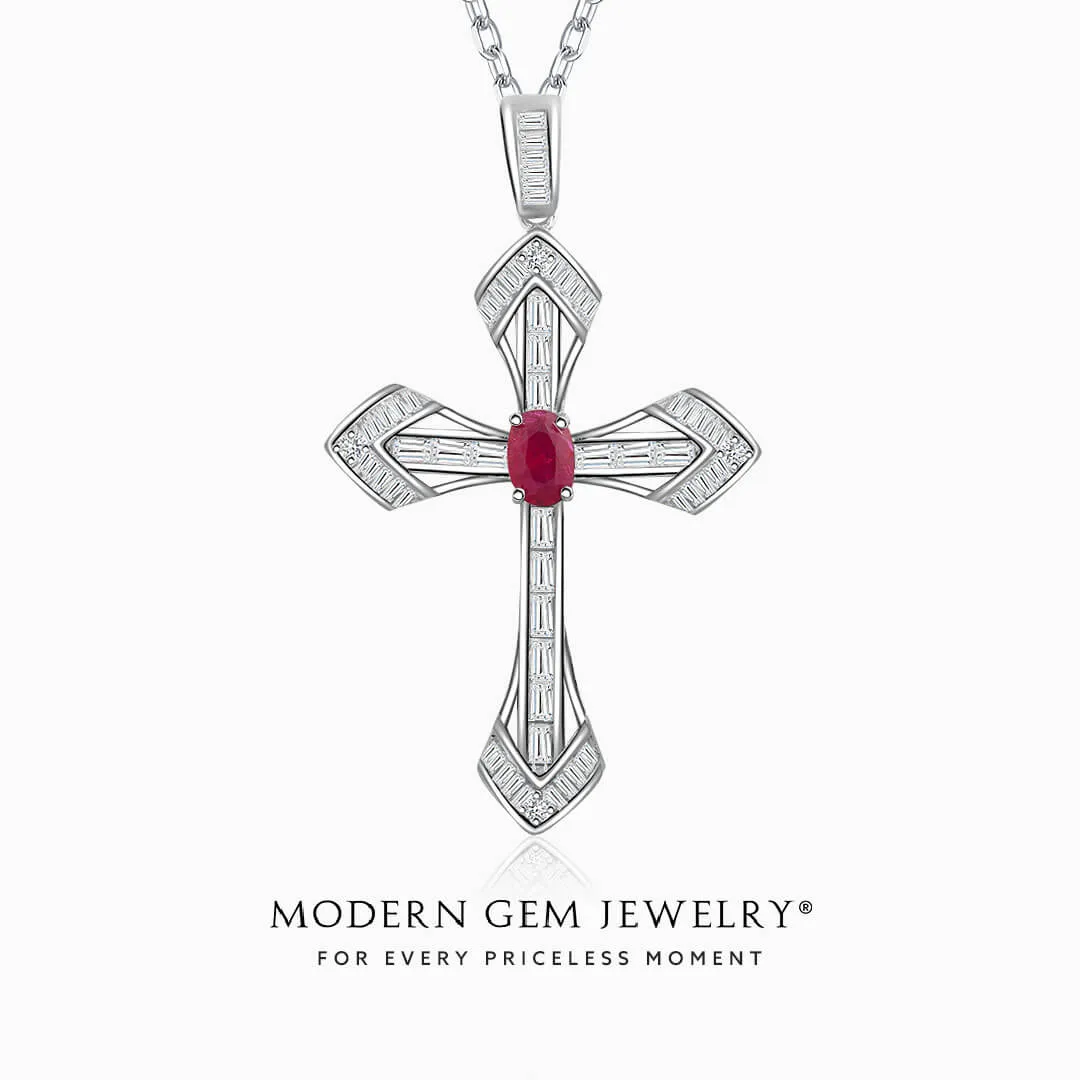 Oval Natural Ruby and Diamonds Cross Necklace