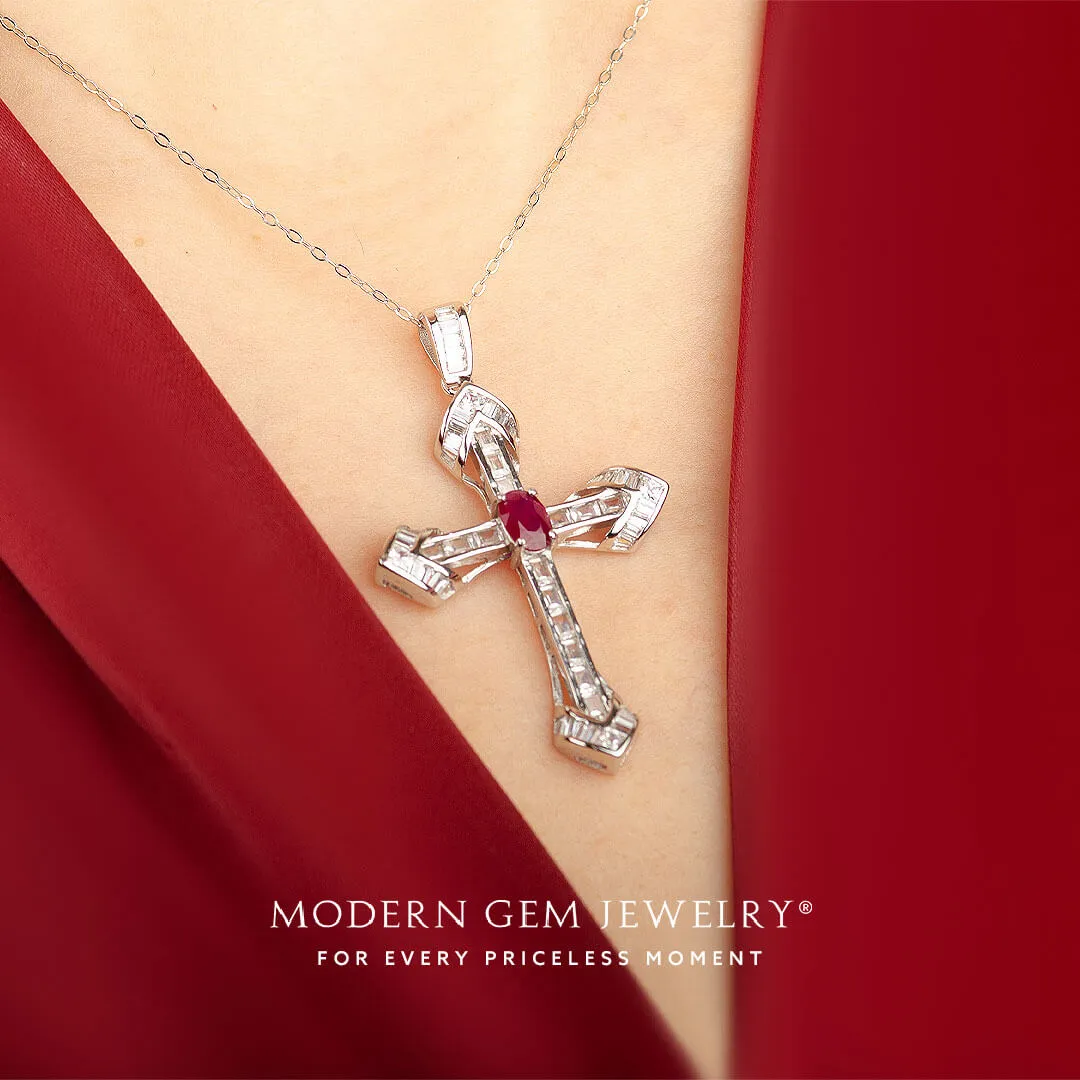 Oval Natural Ruby and Diamonds Cross Necklace