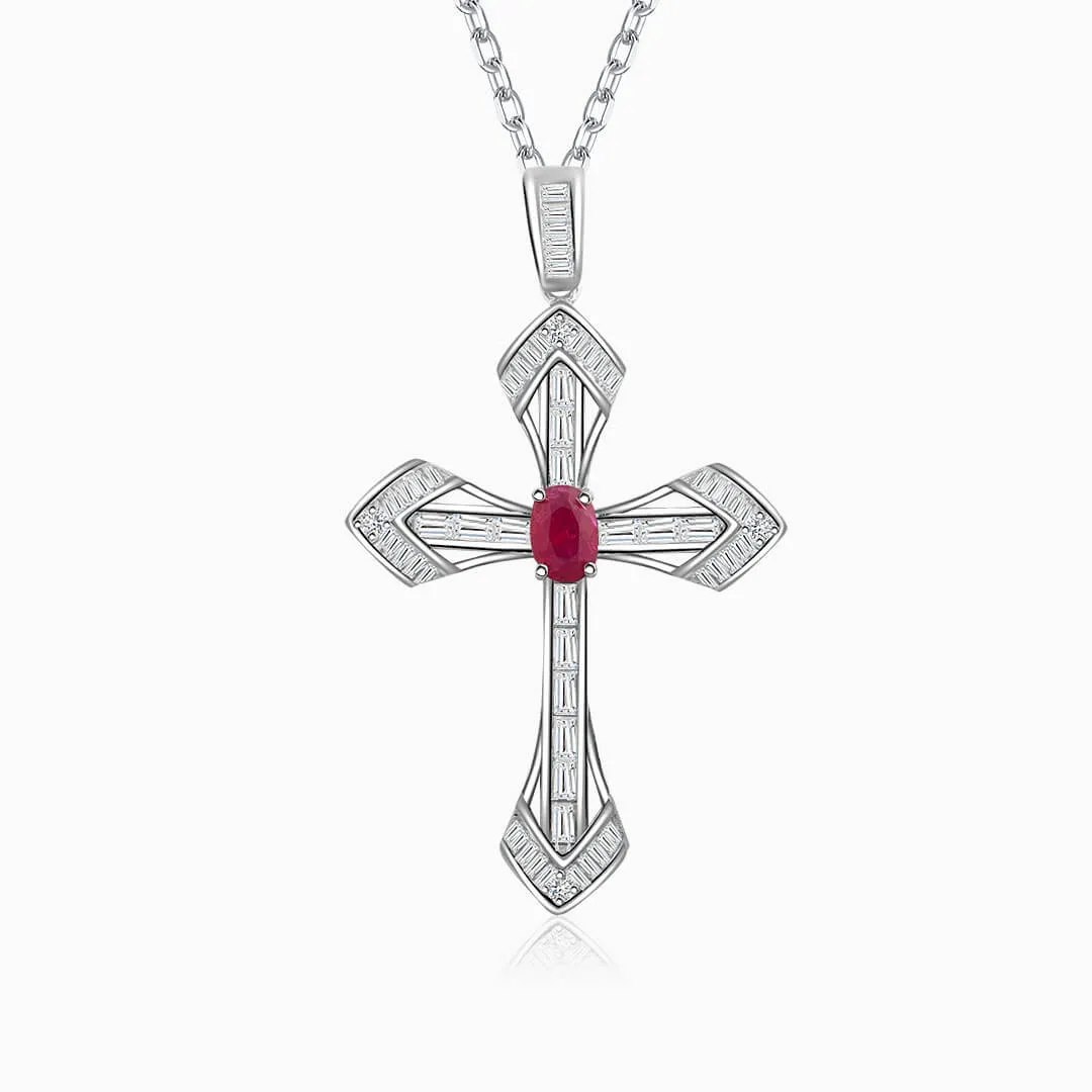 Oval Natural Ruby and Diamonds Cross Necklace