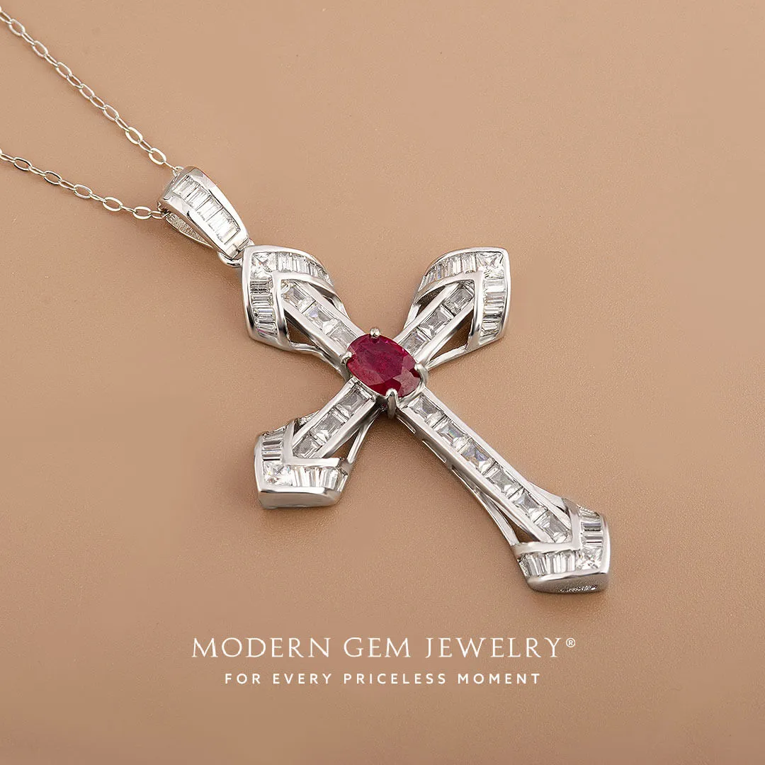 Oval Natural Ruby and Diamonds Cross Necklace