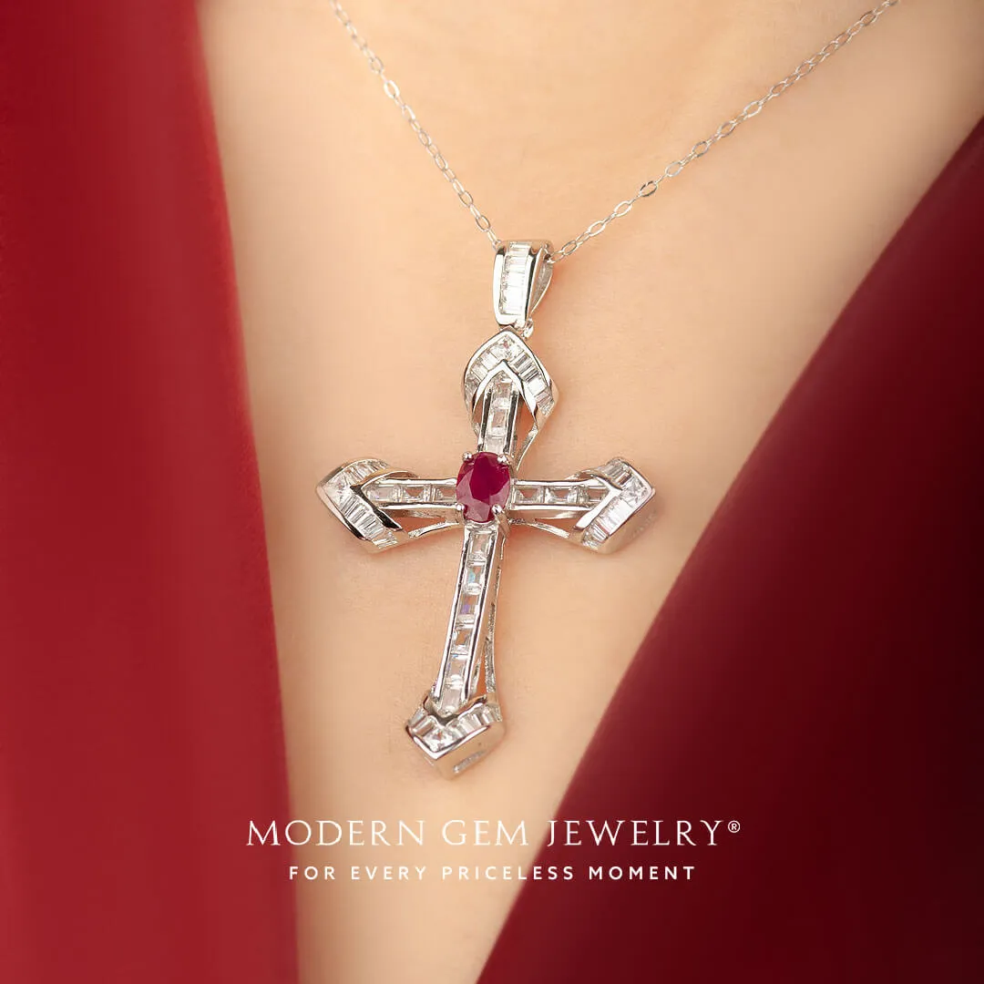 Oval Natural Ruby and Diamonds Cross Necklace