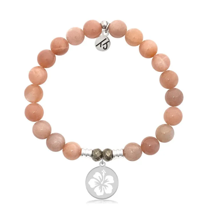 Peach Moonstone Stone Bracelet with Hibiscus Silver Charm