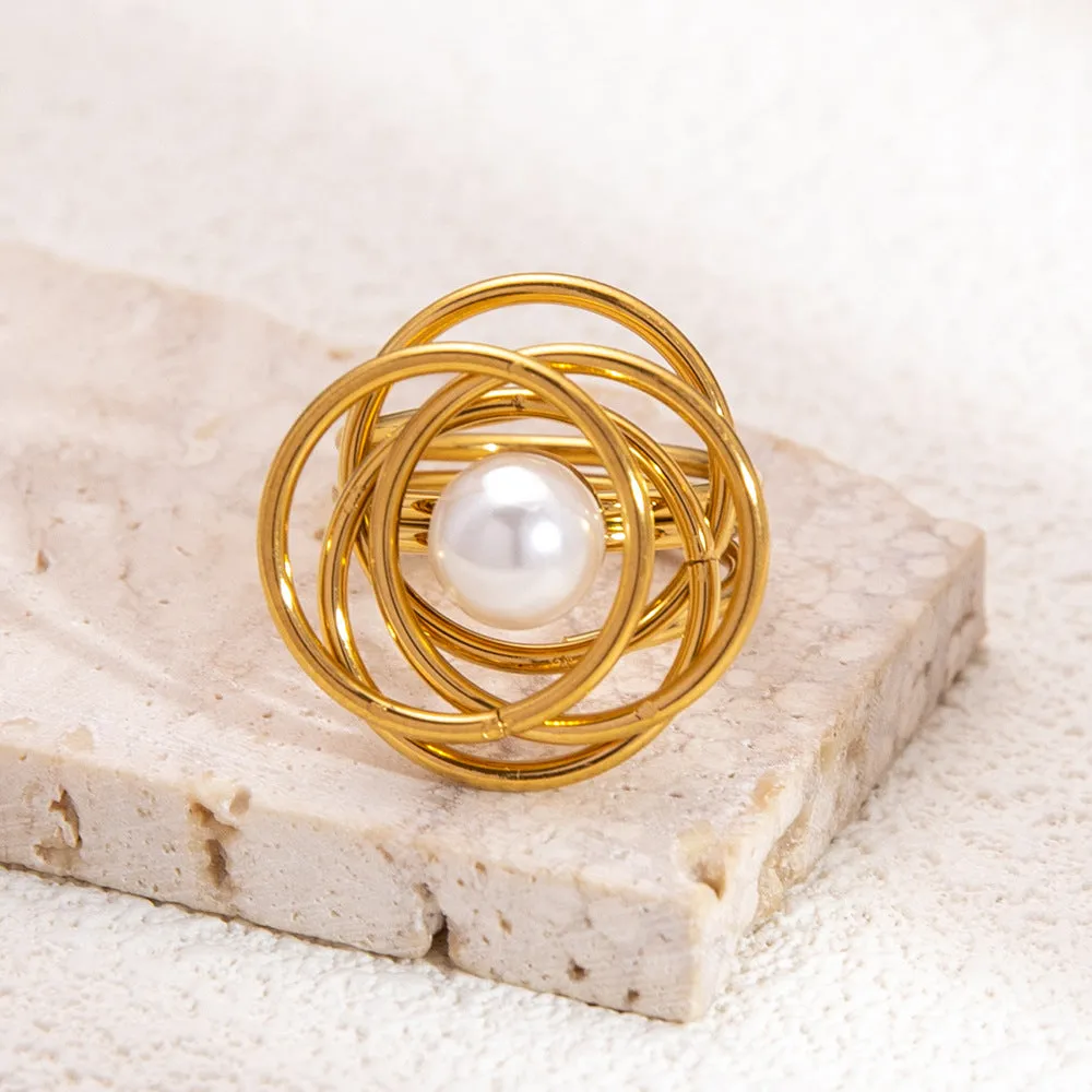 Pearl With Multi Circular Overlayered Gold Ring JLTR0429