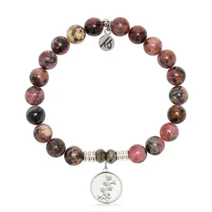 Pink Rhodonite Gemstone Bracelet with Cherry Blossom Sterling Silver Charm