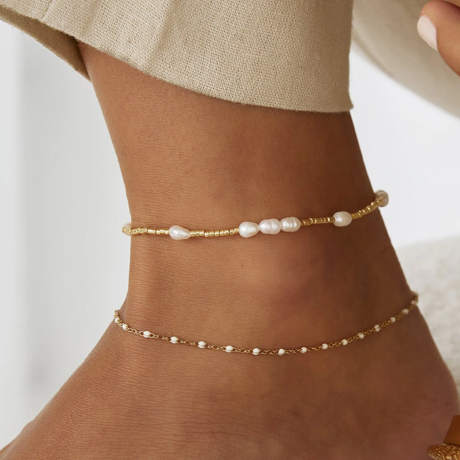 Poppy Pearl & Glass Beaded Anklet - Gold