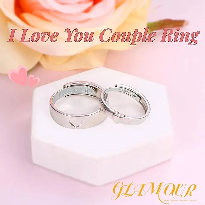 QKEOISUD I Love You Couple Ring,Heart Hollow Ring Adjustable Silver White Copper Suitable