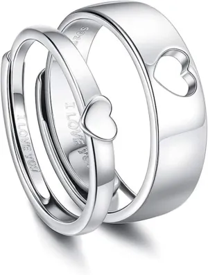 QKEOISUD I Love You Couple Ring,Heart Hollow Ring Adjustable Silver White Copper Suitable