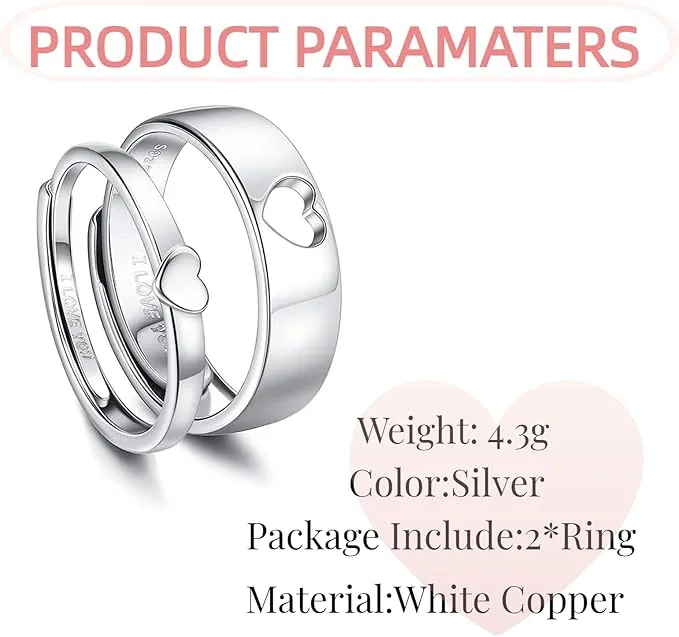 QKEOISUD I Love You Couple Ring,Heart Hollow Ring Adjustable Silver White Copper Suitable