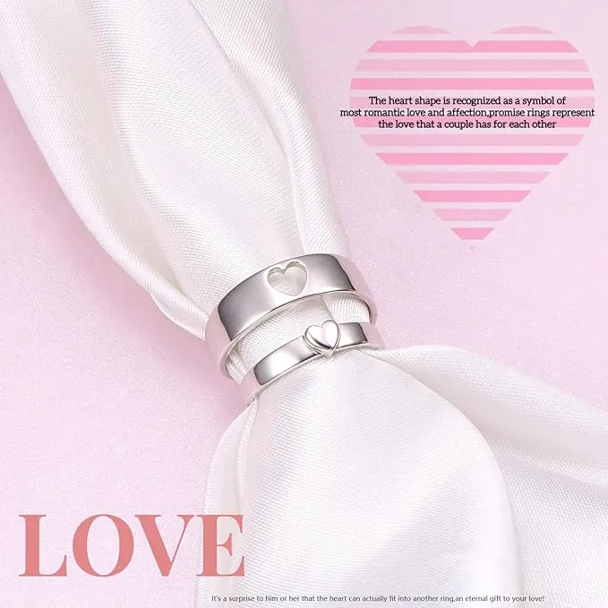 QKEOISUD I Love You Couple Ring,Heart Hollow Ring Adjustable Silver White Copper Suitable