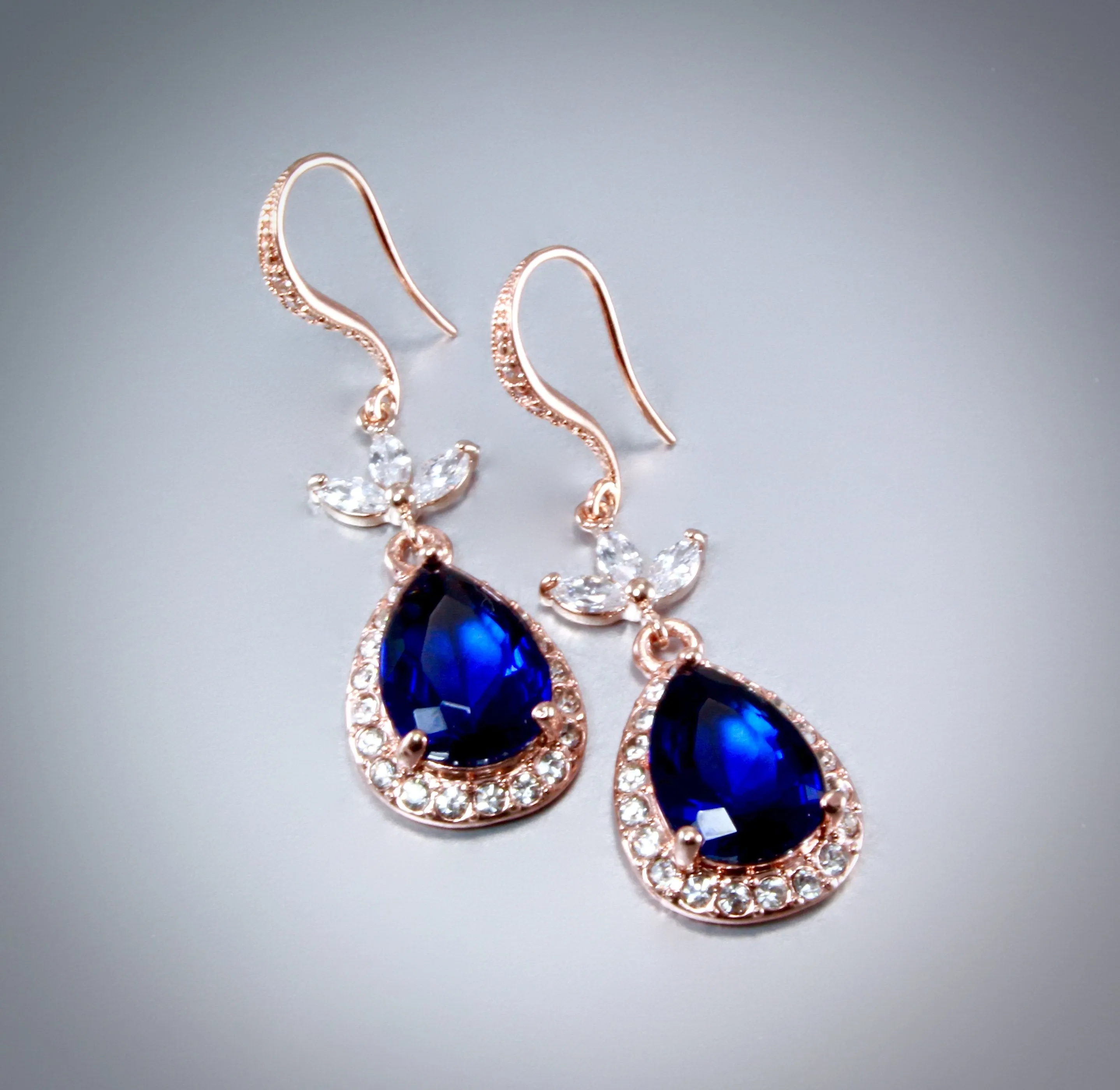 "Skye" - Rose Gold and Sapphire Blue Cubic Zirconia Bridal Earrings