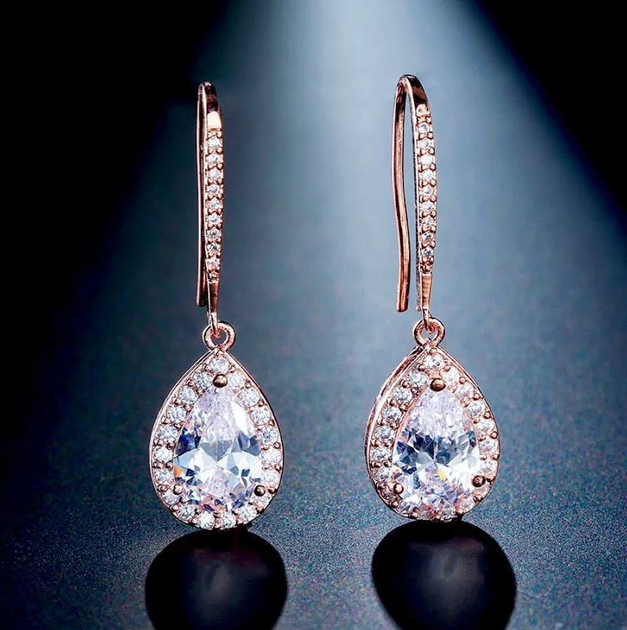 "Stacia" - Cubic Zirconia Bridal Drop Earrings - Available in Silver and Rose Gold