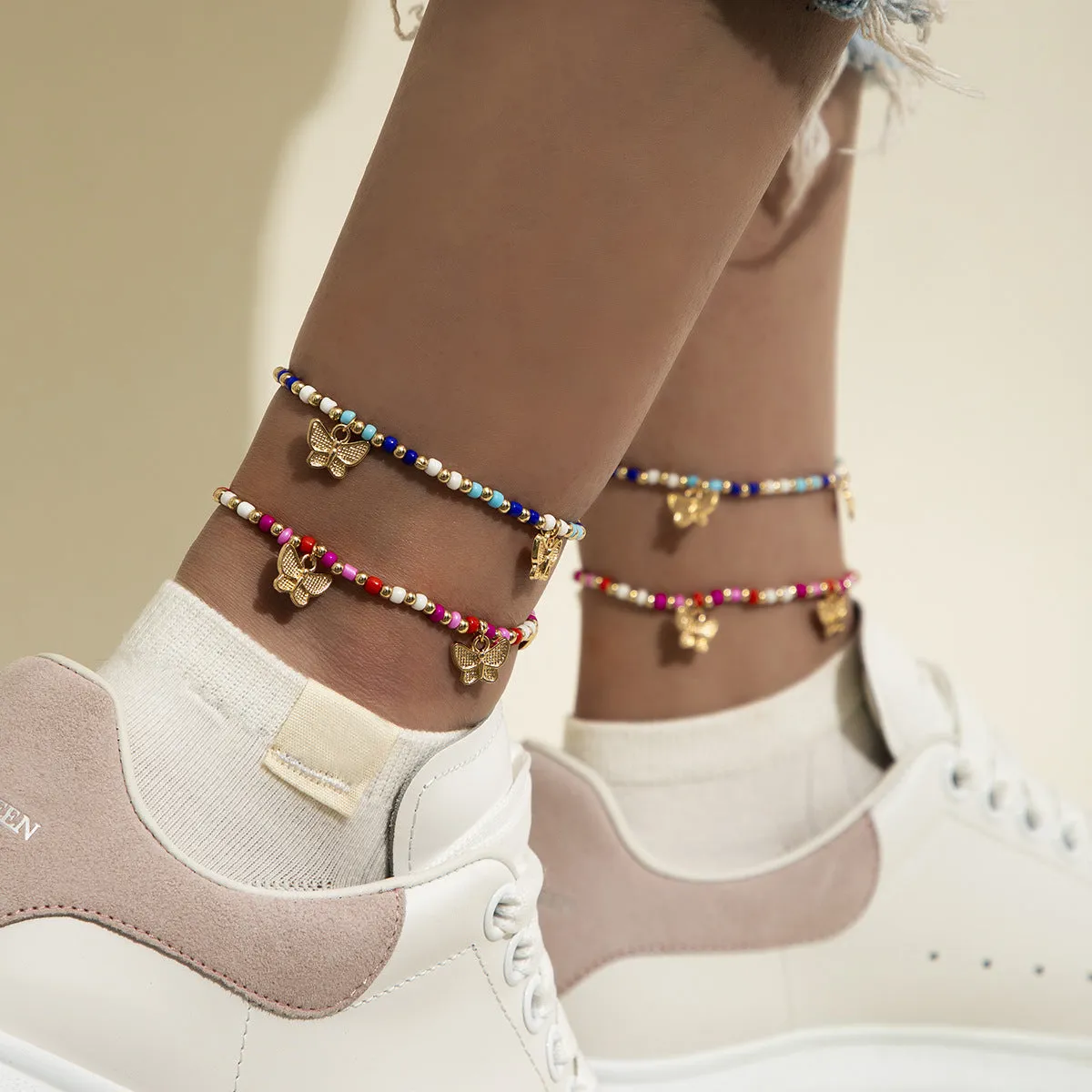 Retro Color Stitching Rice Bead Anklet Simple And