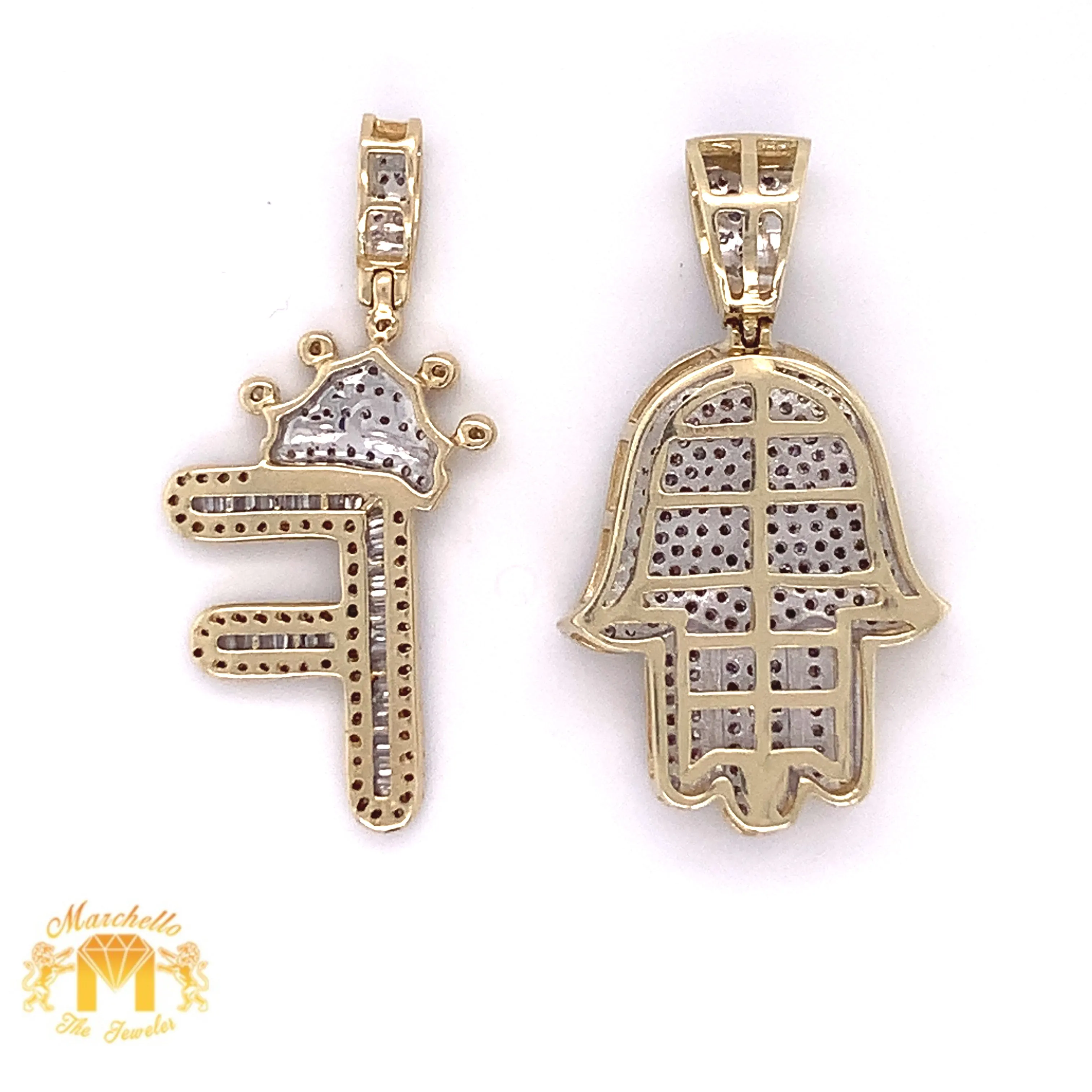 Round & Baguette Diamond & Gold Initial   Hamsa Pendant   2 Cuban Link Chains Set