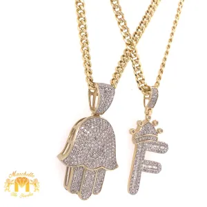 Round & Baguette Diamond & Gold Initial   Hamsa Pendant   2 Cuban Link Chains Set