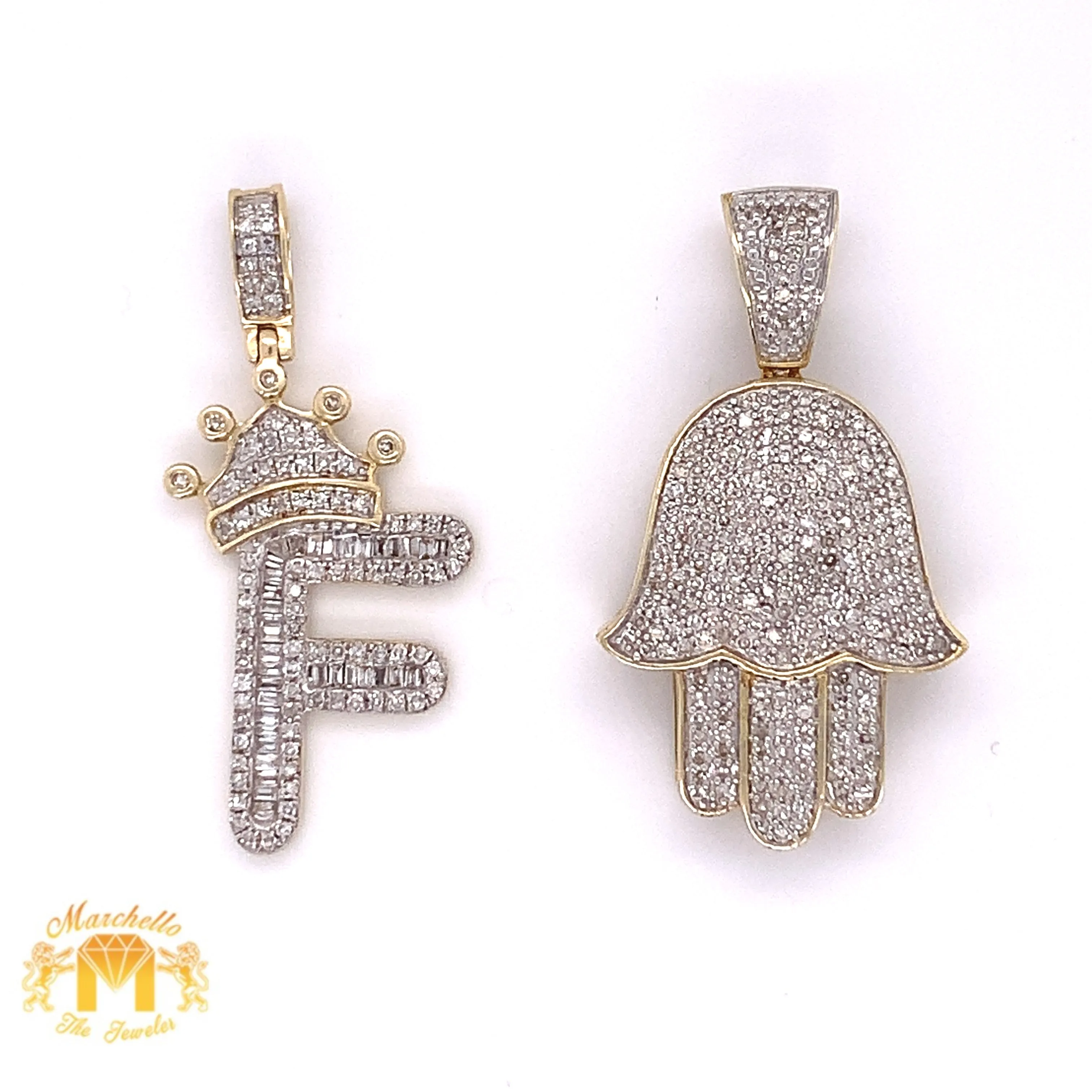 Round & Baguette Diamond & Gold Initial   Hamsa Pendant   2 Cuban Link Chains Set