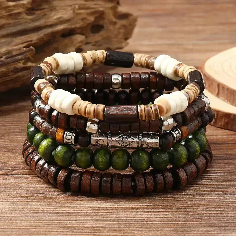 Rustic Men's Leather Bracelet Set with Wooden Beads and Feather Accent