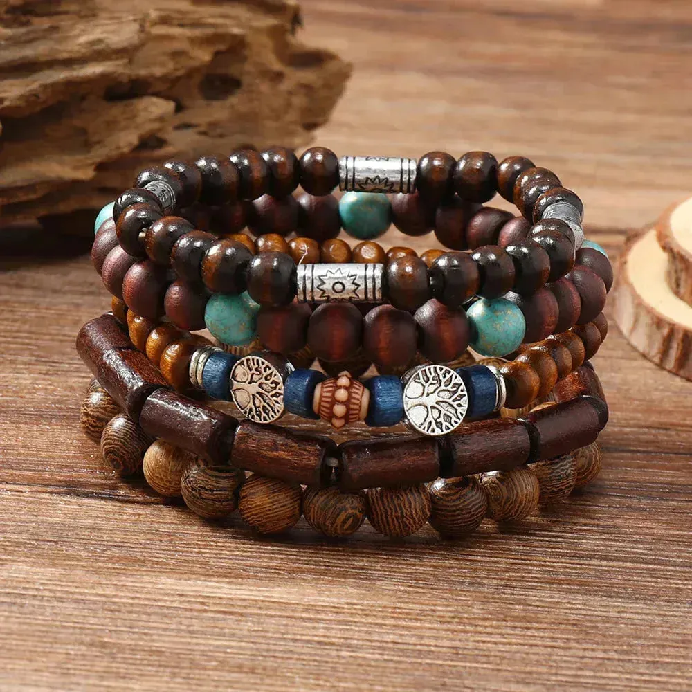 Rustic Men's Leather Bracelet Set with Wooden Beads and Feather Accent