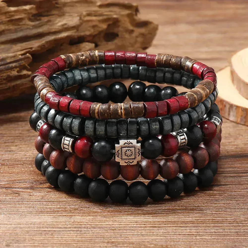 Rustic Men's Leather Bracelet Set with Wooden Beads and Feather Accent