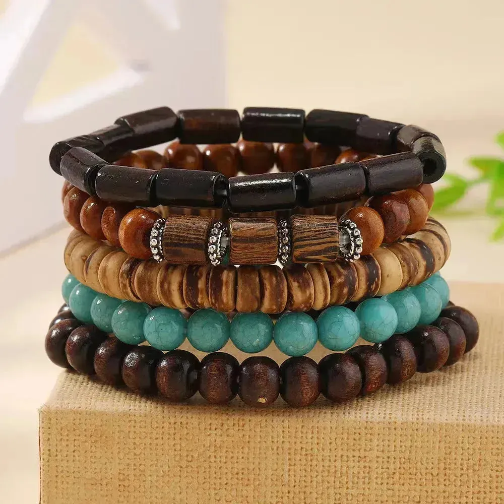 Rustic Men's Leather Bracelet Set with Wooden Beads and Feather Accent