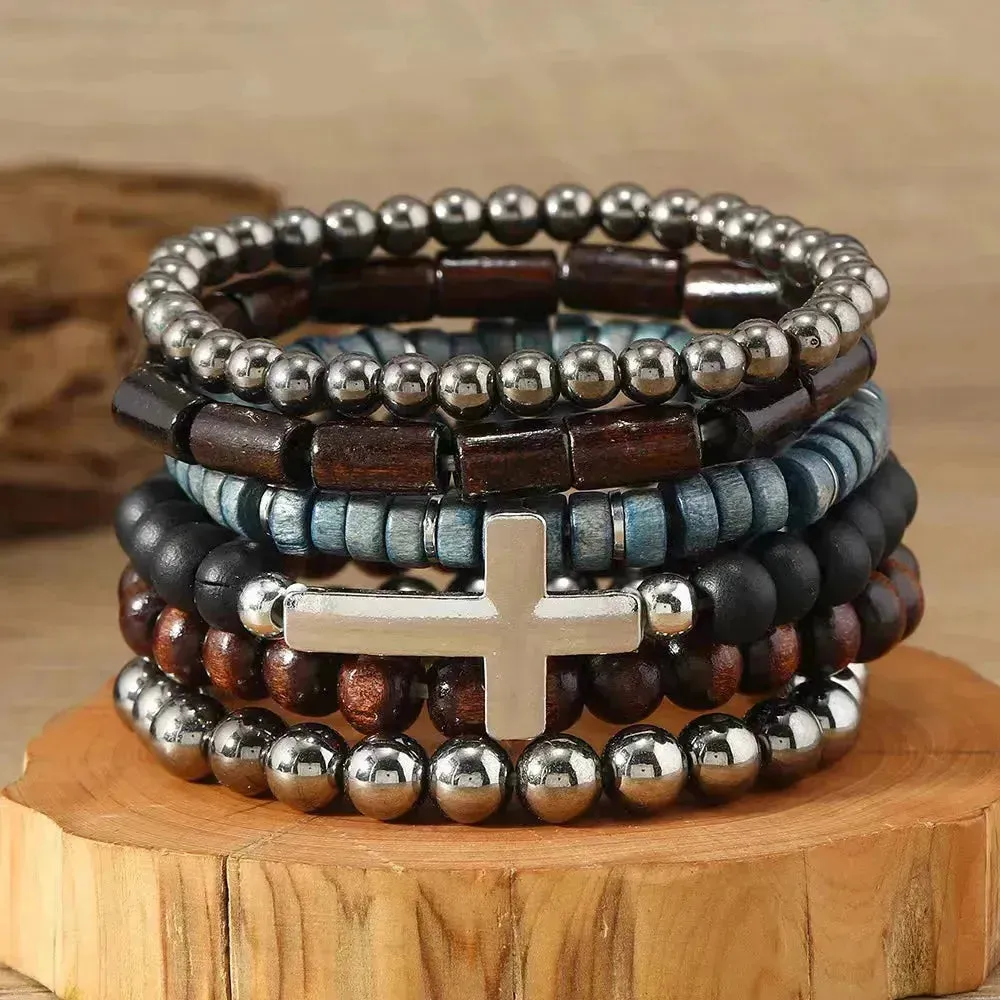 Rustic Men's Leather Bracelet Set with Wooden Beads and Feather Accent