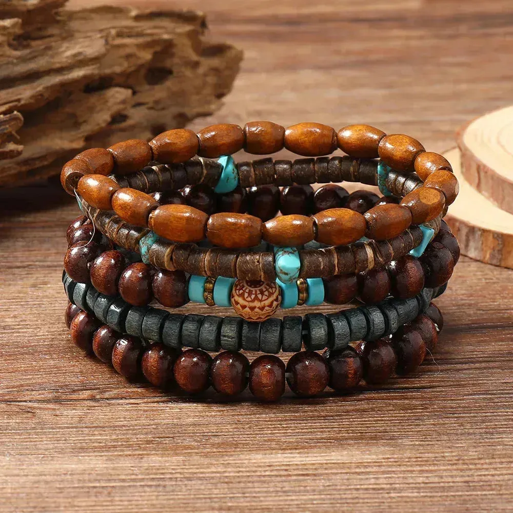 Rustic Men's Leather Bracelet Set with Wooden Beads and Feather Accent