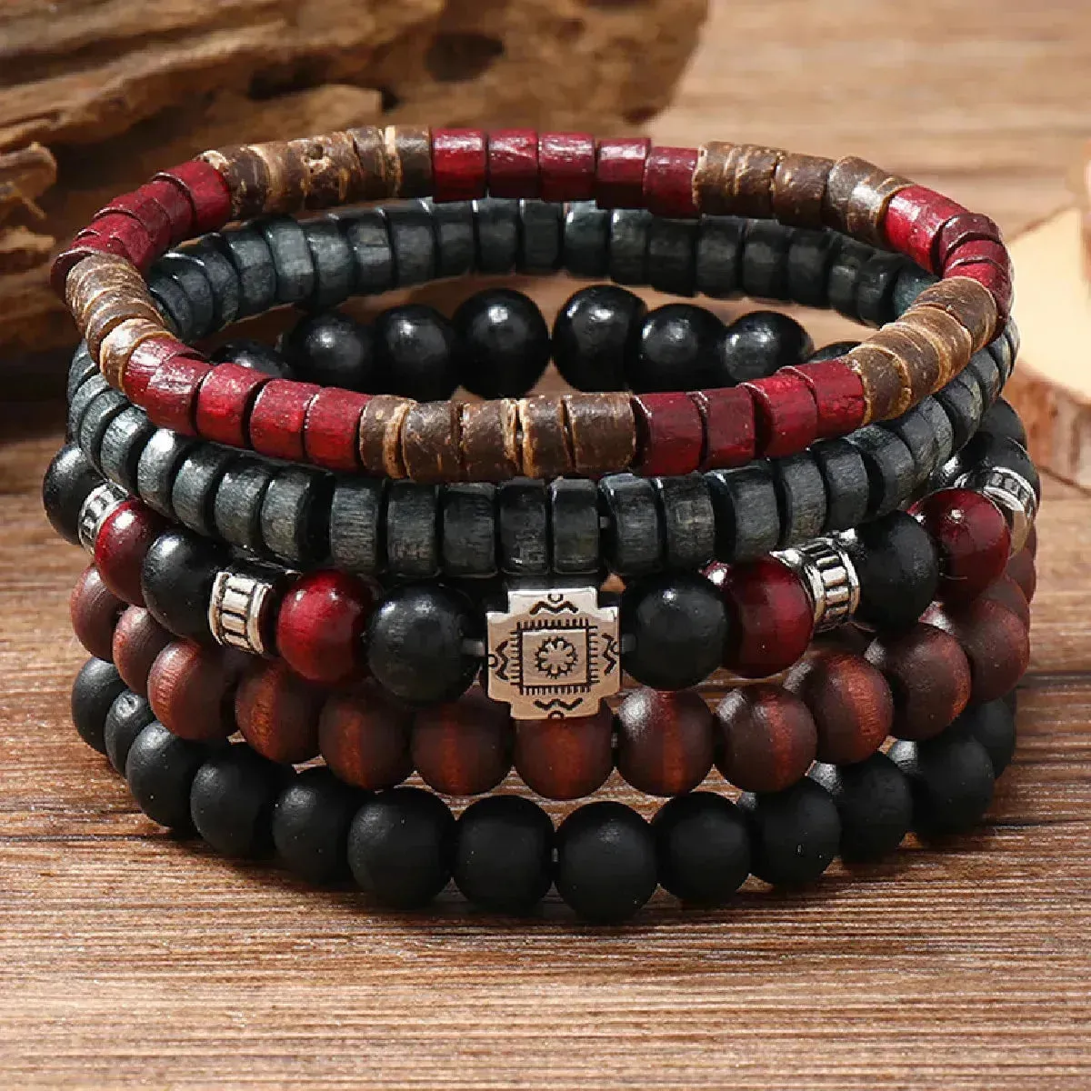 Rustic Men's Leather Bracelet Set with Wooden Beads and Feather Accent