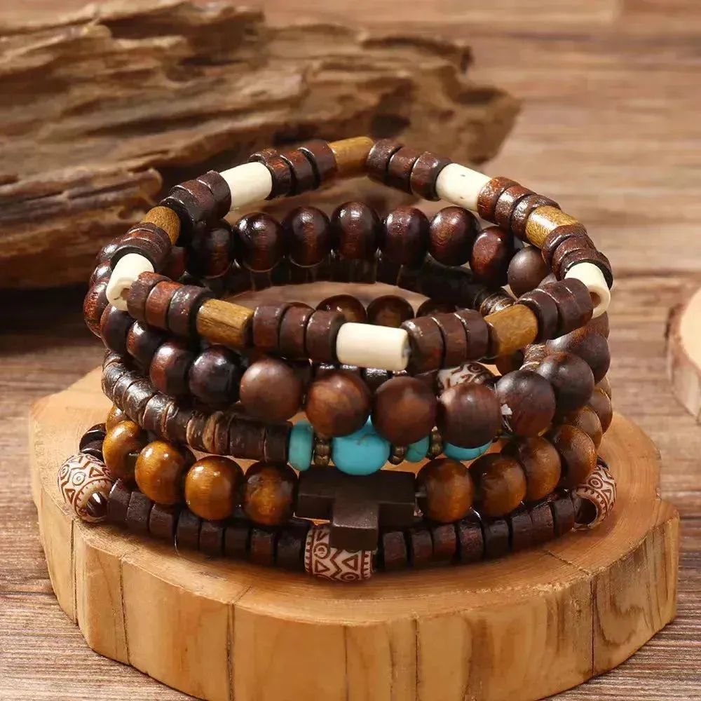 Rustic Men's Leather Bracelet Set with Wooden Beads and Feather Accent