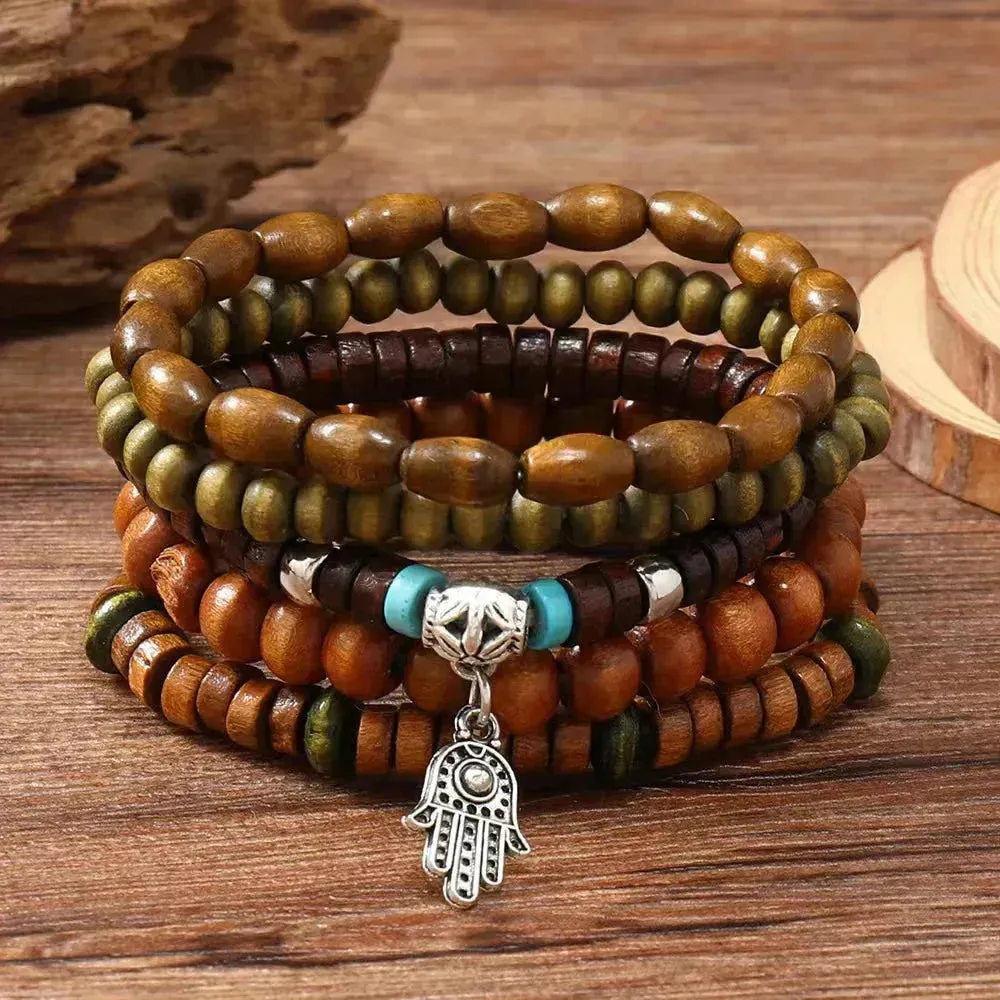 Rustic Men's Leather Bracelet Set with Wooden Beads and Feather Accent