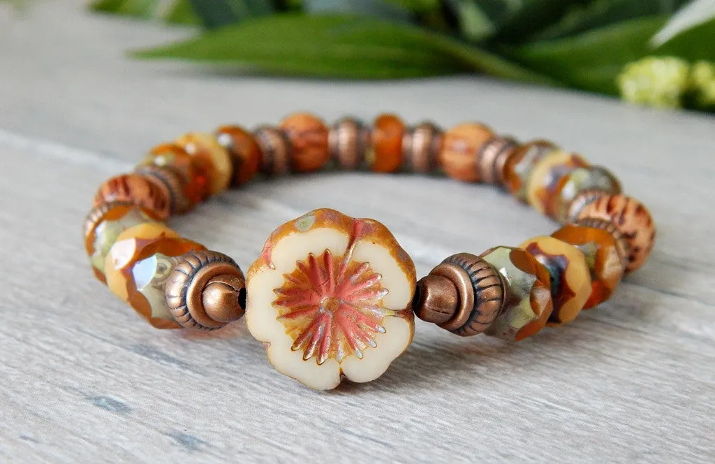 Rustic Orange Beaded Bracelet with Flower focal bead