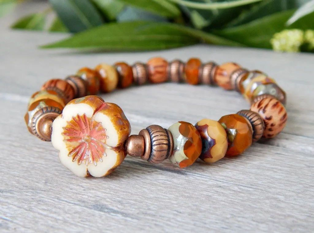 Rustic Orange Beaded Bracelet with Flower focal bead