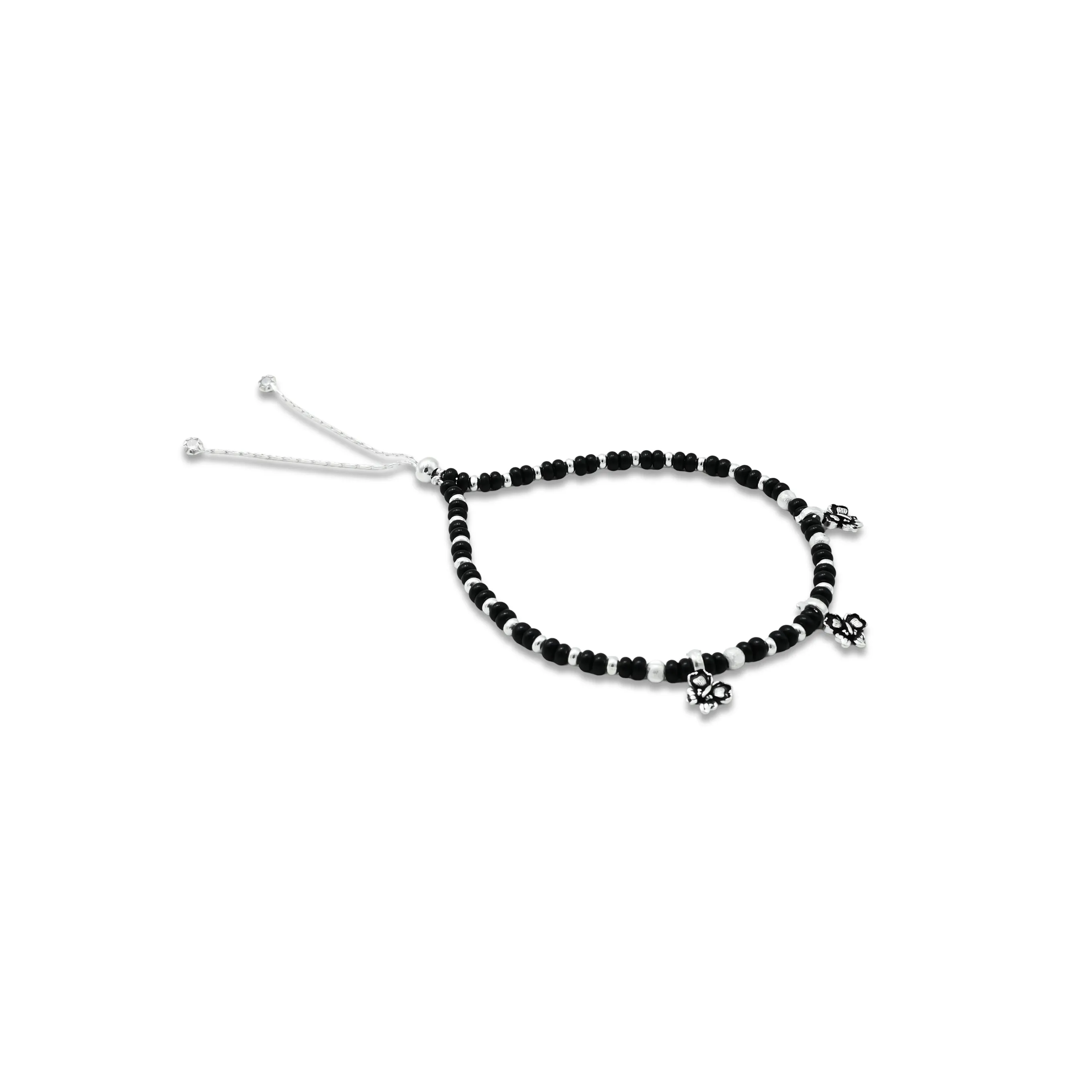 Silver Butterfly with Black and Silver Beads Anklet for Girls