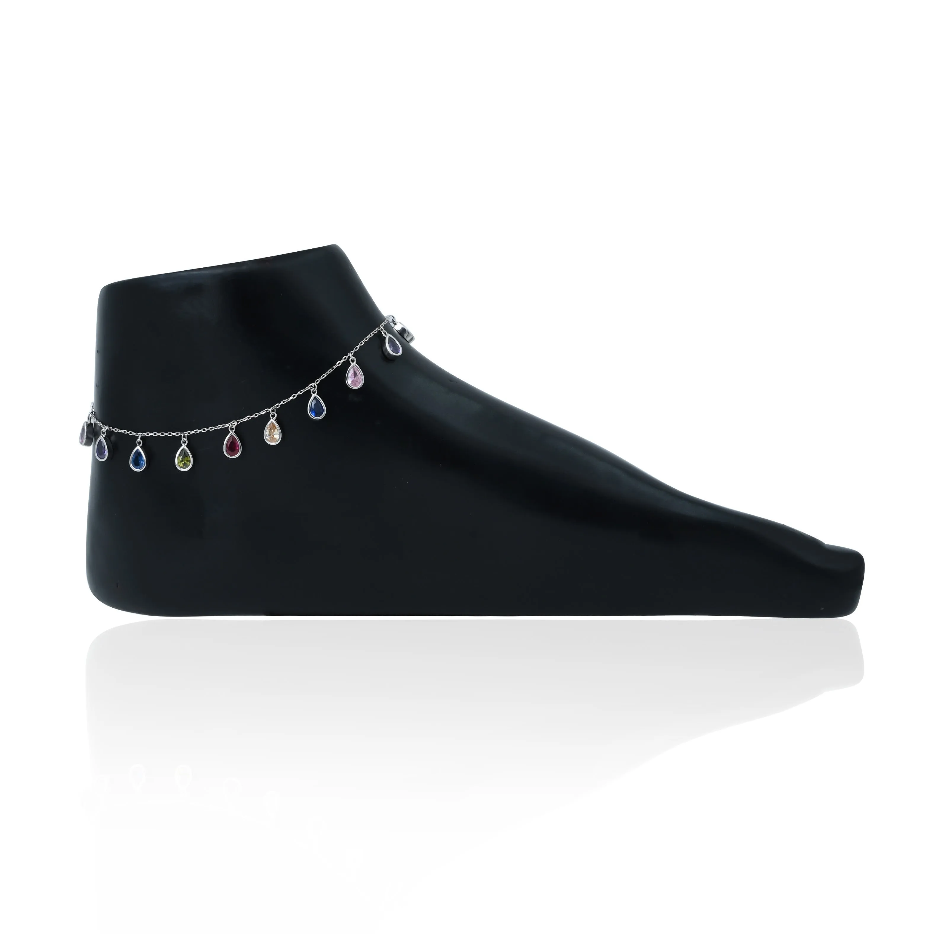 Silver Colorful Drop Shape Gem Stone Anklet for Girls