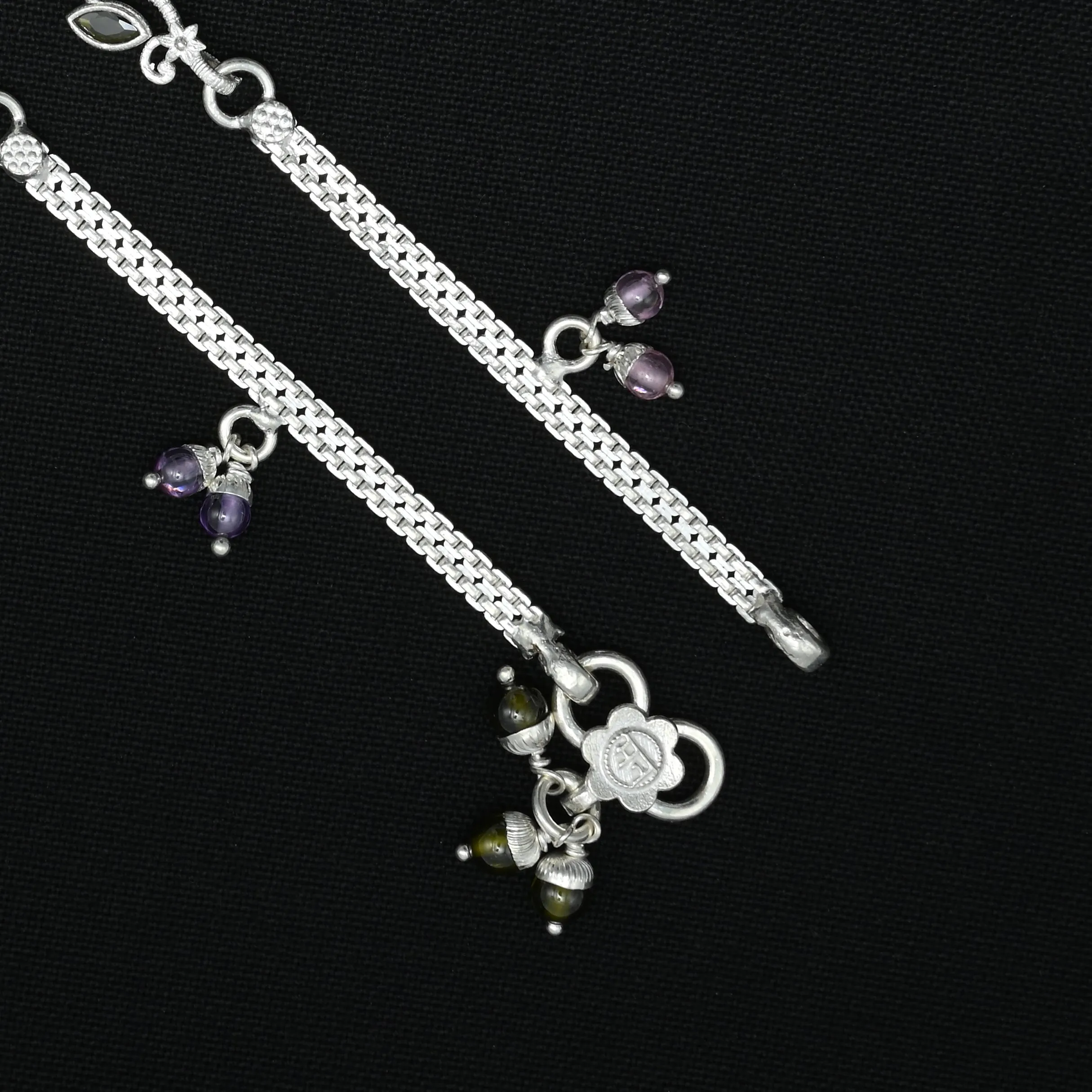 Silver Colorful Flower And Leafs Anklet