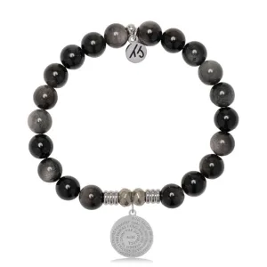 Silver Obsidian Gemstone Bracelet with Serenity Prayer Sterling Silver Charm