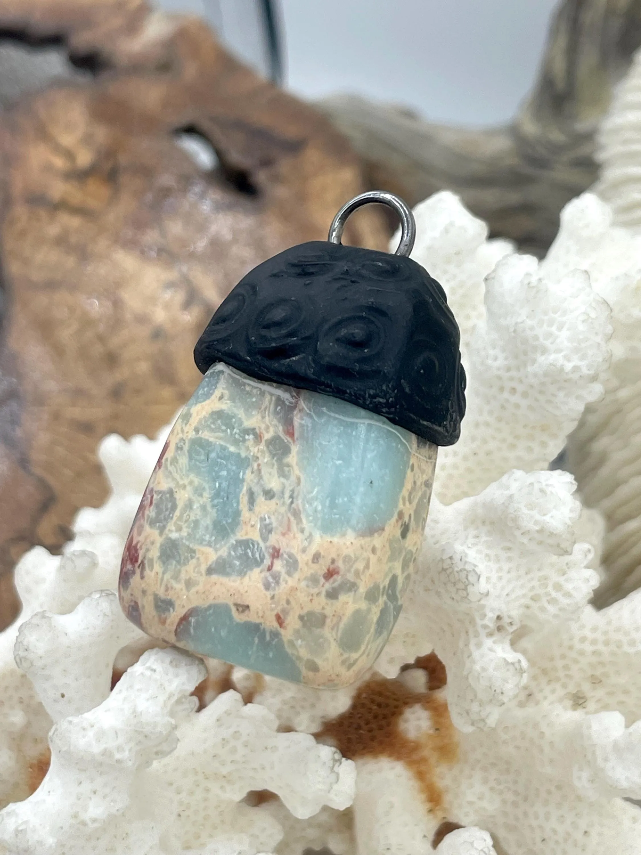 Soldered Natural Stone Pendants, Rectangle Stone Pendants with Matte Black ,variety of patterns, All Unique Natural Stones, Fast Ship.