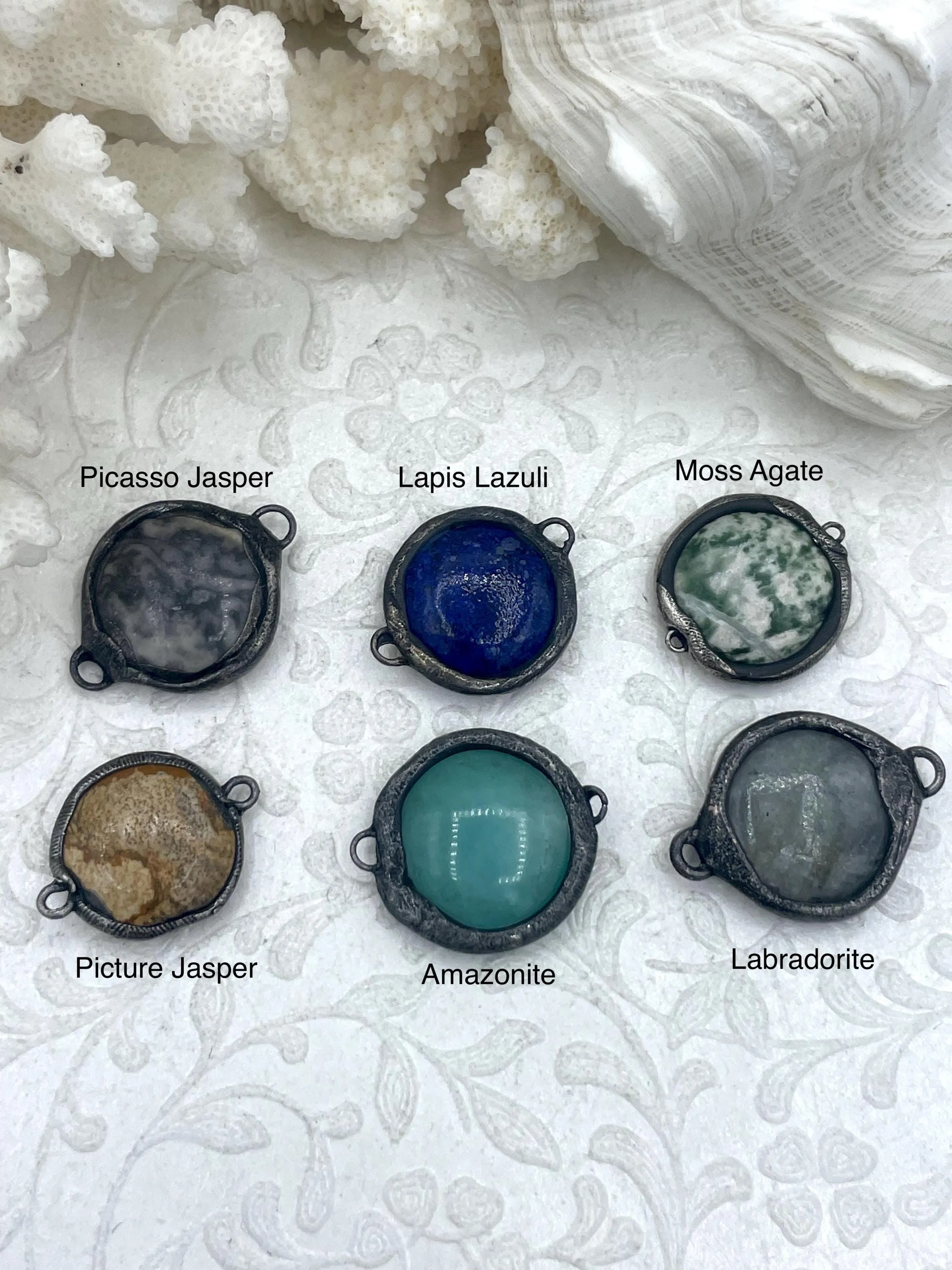 Soldered Natural Stone Pendants/Connectors, Round Stone Pendants with Gunmetal Soldering, Comes in 6 Natural Stone Styles, Fast Ship.