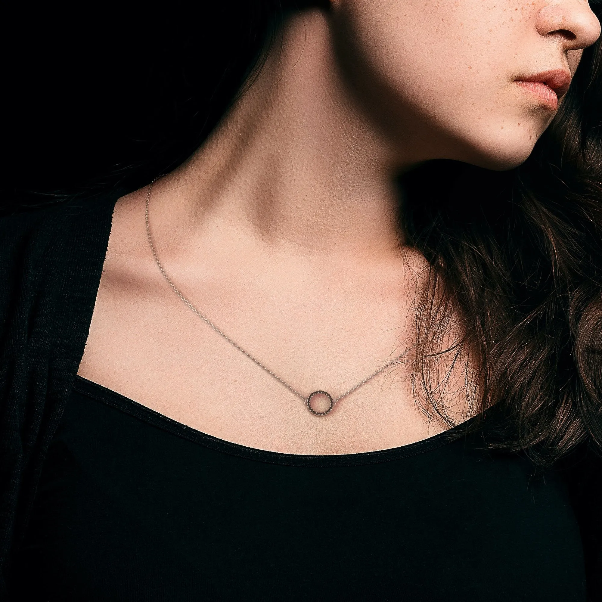 Spiral Planetary Natural Black Diamond Alternative Pendant with a White Necklace