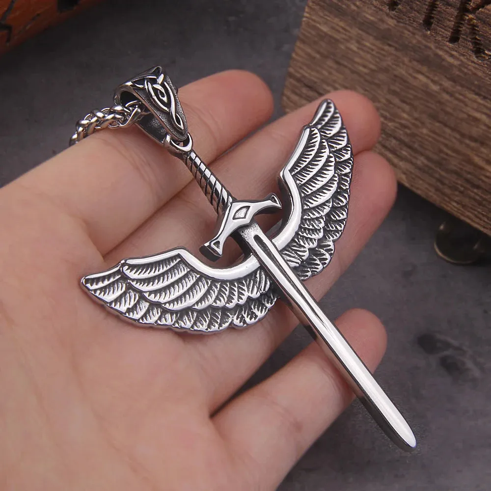 Stainless Steel Angel Wings Pendant Viking Necklace