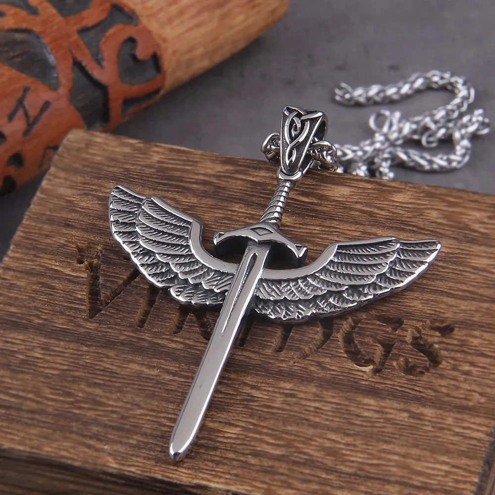 Stainless Steel Angel Wings Pendant Viking Necklace