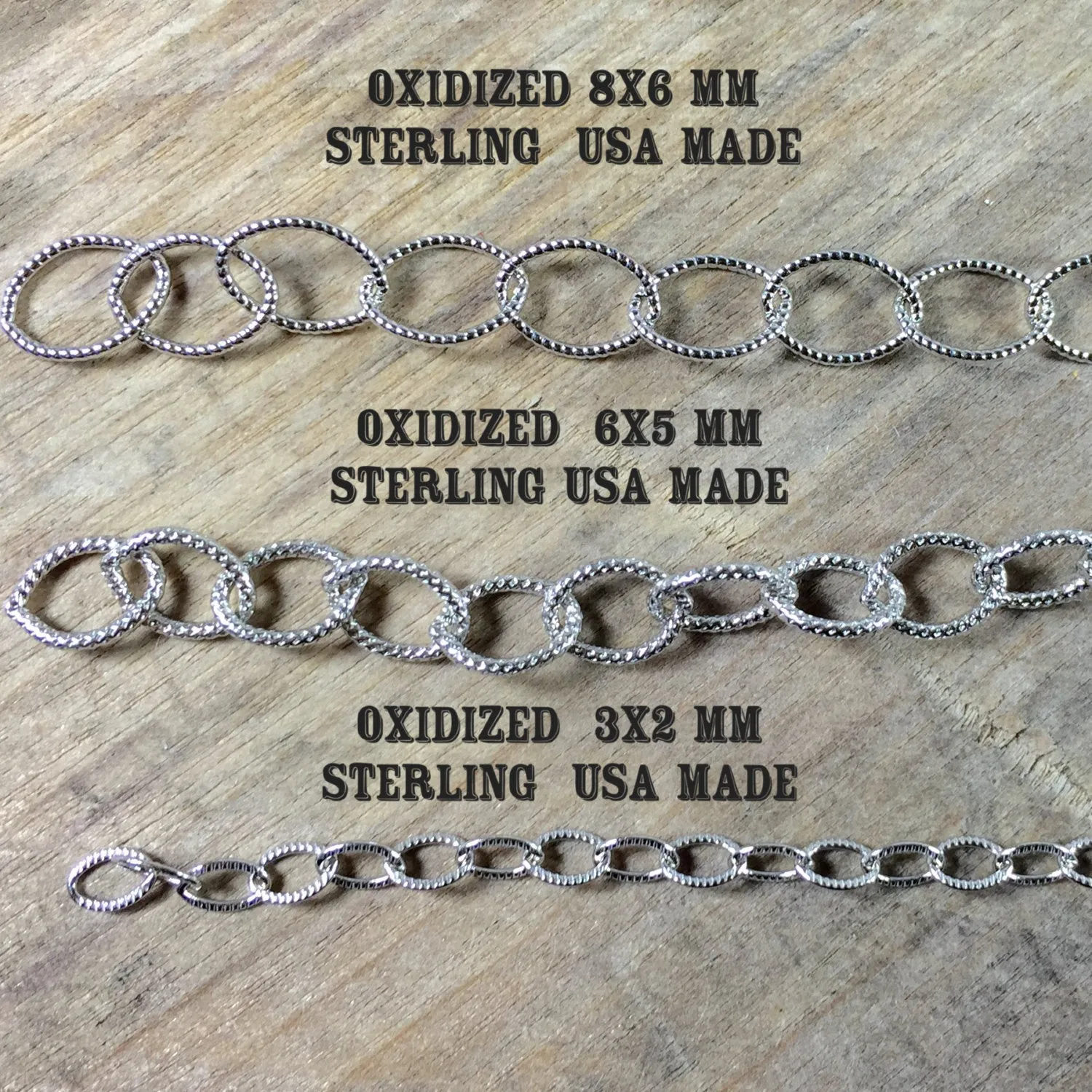 sterling chain, Oxidized stamped Oval link,  variety chain pack, USA MADE, cable southwest chain, 36 inch each.