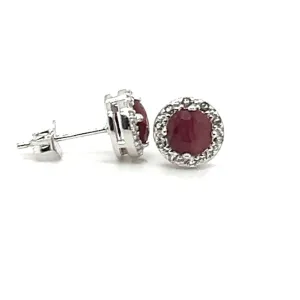 Sterling Silver Dyed Red Corundum & White Topaz Halo Stud Earrings by Samuel B.