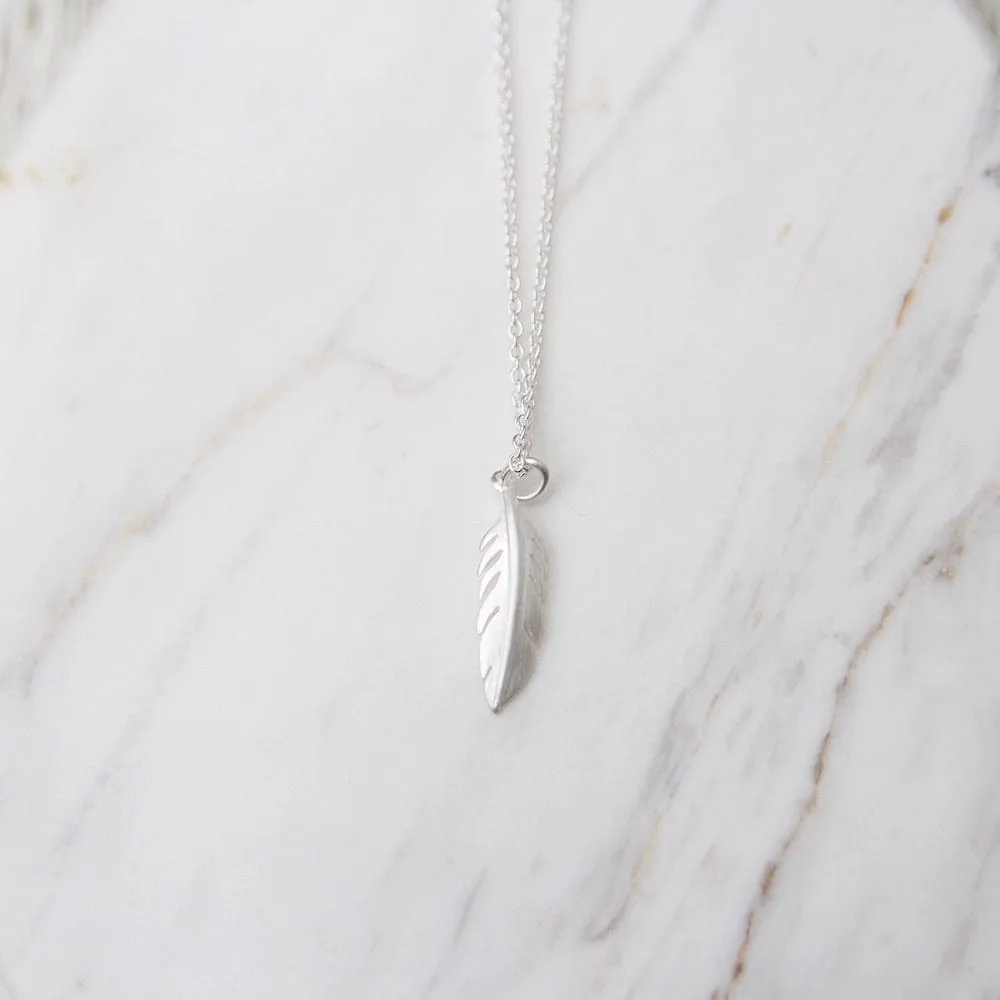 Tiny Feather Necklace - Brushed Sterling Silver