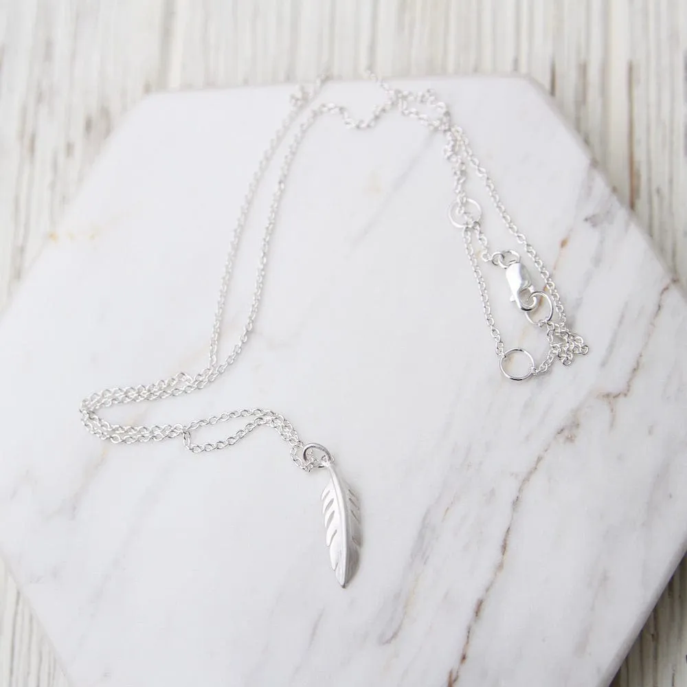 Tiny Feather Necklace - Brushed Sterling Silver