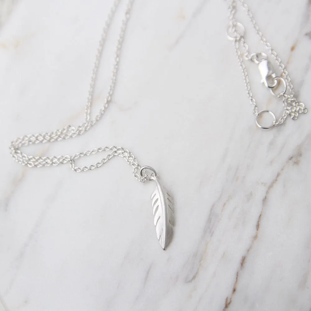 Tiny Feather Necklace - Brushed Sterling Silver