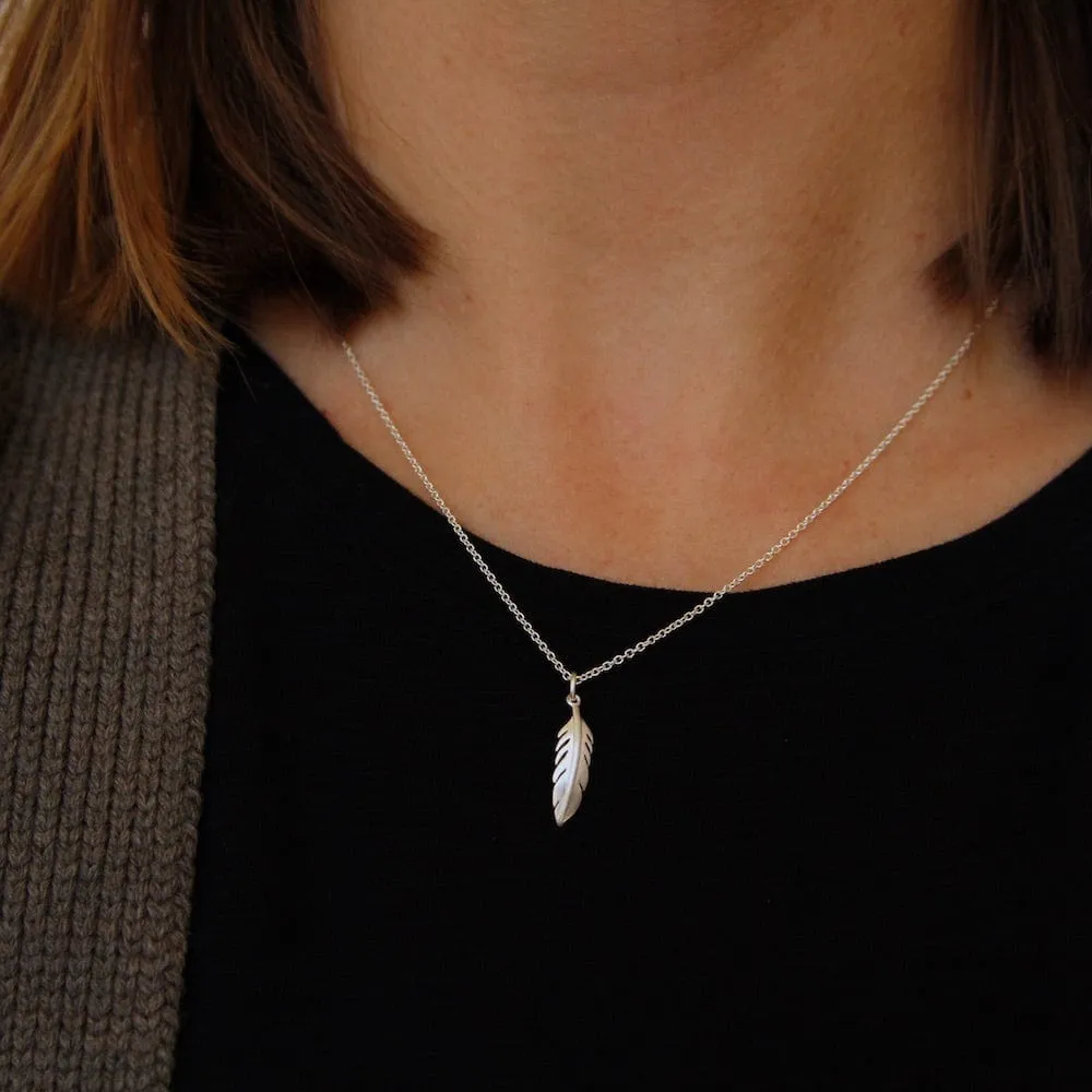 Tiny Feather Necklace - Brushed Sterling Silver